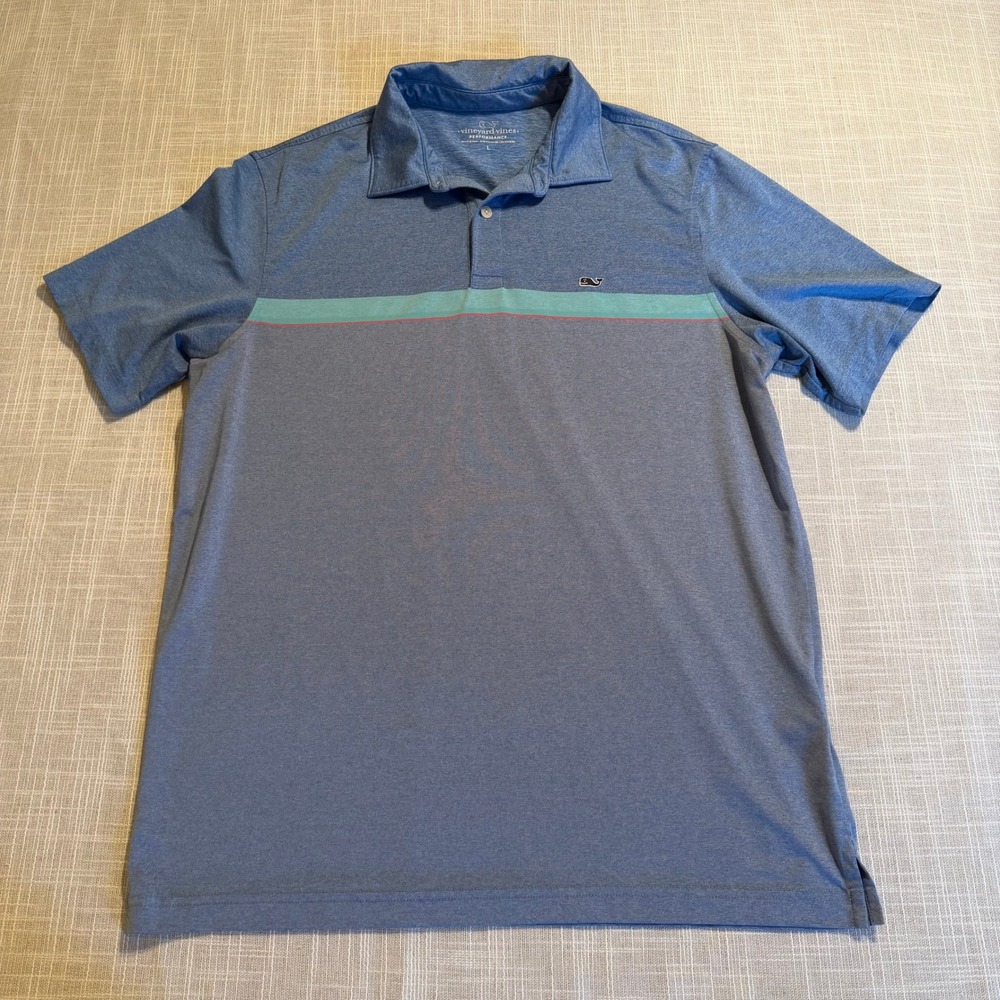 Vineyard Vines Performance Polo Shirt Mens Large Blue Heathered Stripe Golf Top